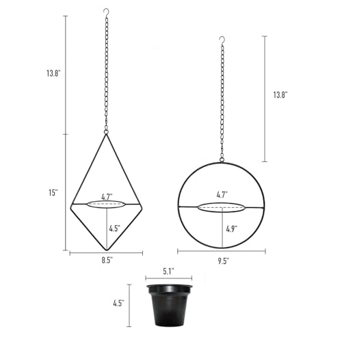 Modern Metal Hanging Planters Set of 2 - Round and Diamond Geometric Plant Hangers with 5 Inch Pots - Black Wall and Ceiling Mount Flower Holders for Indoor Houseplants, Boho Home Décor - size: CIRCLE+DIAMOND - 5 INCH POT