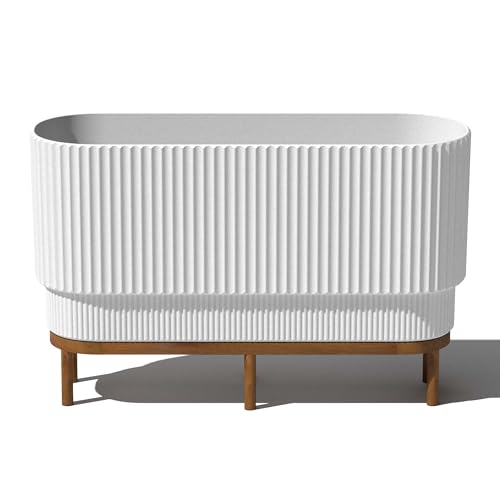 Veradek Demi Series Raised Long Planter for Indoor/Outdoor Use | Made from Plastic & Stone w/Wooden Stand | Modern Patio Décor for Flowers/Shrubs - color: White/Brown, size: 30 inch