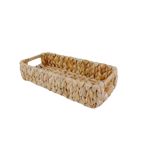 Rectangular Handwoven Wicker Basket - Water Hyacinth Storage Baskets with 2 Thickened Built-In Handles for Store Toilet Papers, Small Plants, Candles etc - 14.25”x6.5”x3.75” - Natural