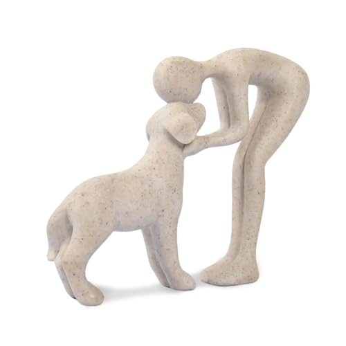 Abstract Resin Hand-Painted Sculpture of Person and Dog Bonding – Head-to-Head Intimate Figurine Decoration for Office、Living Room、Bedroom、Home， Memory Gifts for Pet Lovers (Sandstone) - color: Sandstone