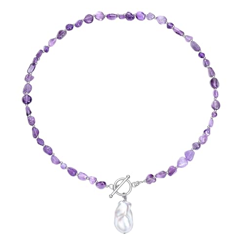 Beaded Necklaces for Women with Baroque Pearl, Turquoise Amethyst Lapis lazuli Tiger Eye Handmade Boho Bead Choker Necklace, Natural Stone Summer Jewelry Birthday Mother Gift for Women - color: Amethyst