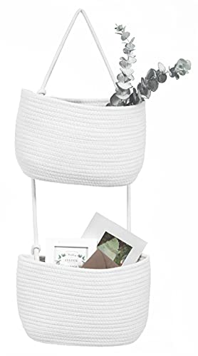 Over The Door Hanging Basket, 2 Tier Cotton Rope Woven Baskets, Magazine Racks, Wall Mount Hanging Storage Baskets,Decorative Door Organizers for Living Room, Bathroom and Bedroom (White) - color: White