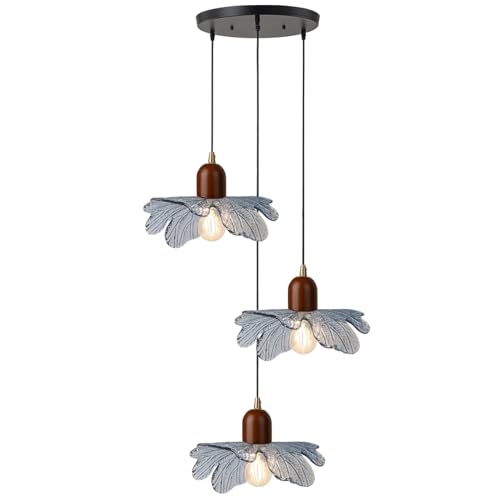 3-Light Blue Floral Pendant Light, Adjustable Hanging Light Fixture | Adjustable 59" Cord, Wood & Glass Construction, Ideal For Kitchen Islands, Dining Rooms, Bedrooms, Living Rooms, Apartments - color: Blue, 3 Lights