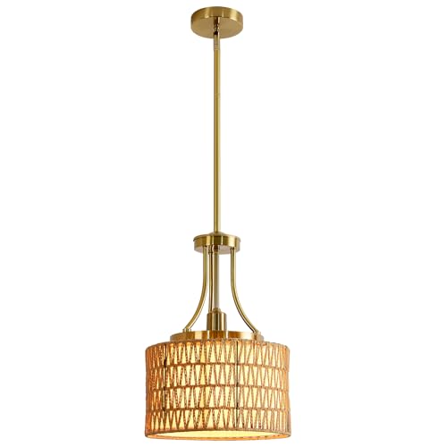 11.8" Modern Boho Rattan Gold Pendant Light Adjustable Rod Vintage Farmhouse Drum Fabric Pendant Light Fixture Woven Bamboo Wicker Pendant Lights for Kitchen Island, Dining Room, Bedroom - color: Gold-D 1-Light