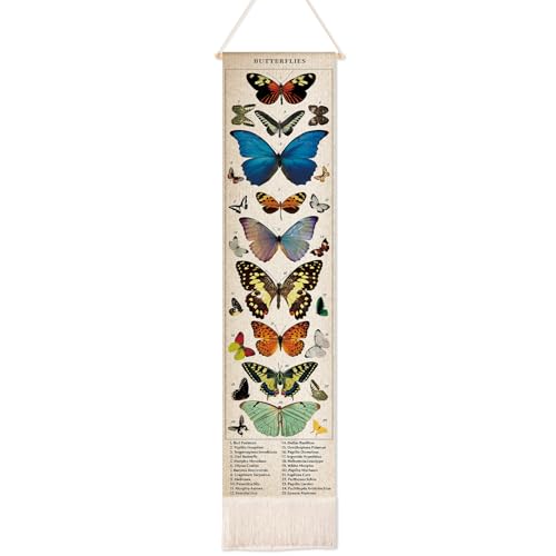 Geetery Vintage Butterfly Vertical Tapestry Wall Hanging Long Narrow Wall Art Fabric Butterfly Wall Hanging Reference Illustrative Botanical Tassel Tapestry Long Vertical Wall Decor for Home Decor