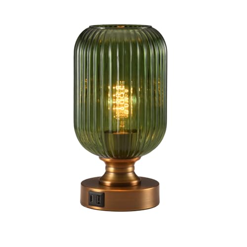 Mid Century Glass Table Lamp,Dimmable Desk Lamp,LED Bulb Included,Touch Control & USB A+C Port,Green Ribbed Glass - color: Green Ribbed, size: USB + Touch