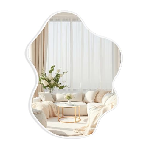 Tanmicoshomy White Irregular Wall Mirror 22x30 Inch, White Framed Cloud Shaped Asymmetrical Wavy Mirror with Tempered Glass for Bathroom Bedroom Cloakroom or Entryway - color: White, size: 30"L x 22"W