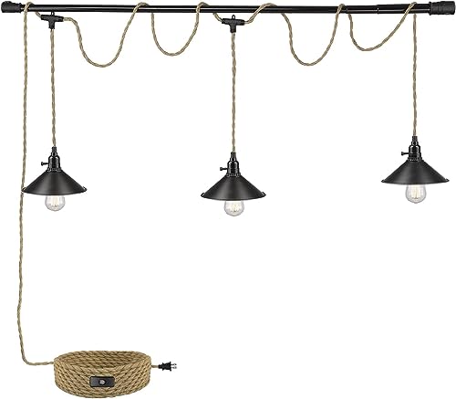 3-Light Hanging Light with Plug in Cord,Plug in Pendant Light 22ft Hemp Rope Pendant Lighting Vintage 3-Light Hanging Lamp Fixtures for Kitchen Island Living Room Bedroom - color: 3 Light 22CM Shade