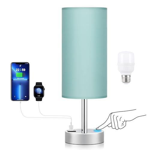 Dicoool Teal Touch Bedside Lamps for Bedroom - Small Coastal Nightstand Lamp with USB-C and USB A Charging Ports, 3 Way Dimmable Control Table Lamp for Office, Dorm with Fabric Shade Silver Base - color: Teal-Silver Metal, size: 14in