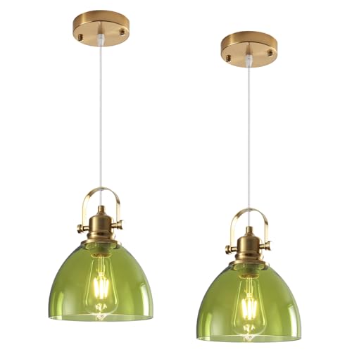 Farmhouse Pendant Lights Kitchen Island, 7.5 inch Green Glass Pendant Lights, Vintage Clear Pendant Light Fixtures 2-Pack, Modern Hanging Pendant Light for Kitchen Island, Bedroom, Bathroom - color: Clear Glass-Green+Cord, size: 2-Pack