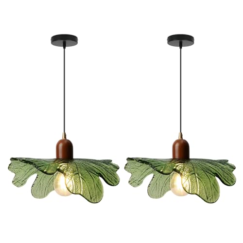 Modern Green Glass Pendant Light Fixtures 2-Pack Flower Pendant Lights Kitchen Island 59“ Adjustable Hanging Ceiling Lighting Wooden Grain Hanging Lamp for Farmhouse Dining Room - color: Green, 2 Pack