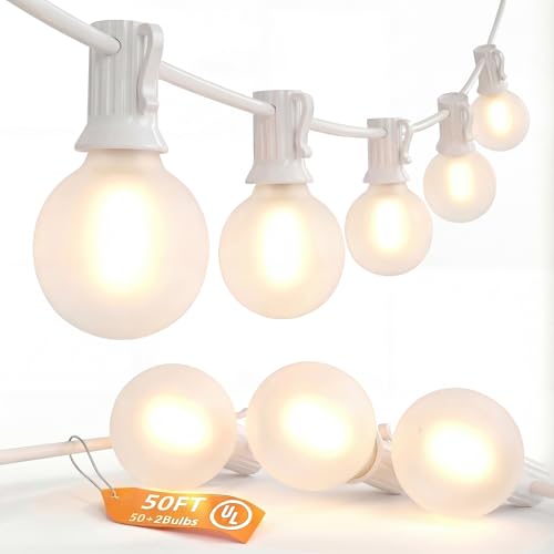 SUNSGNE White String Lights Outdoor, 50FT White Outdoor Lights with 52 G40 LED Frosted Shatterproof Bulbs(2 Spare) for Balcony Patio Tent Backyard Bistro Cafe Christmas Decor - color: Frosted White-White, size: 50FT