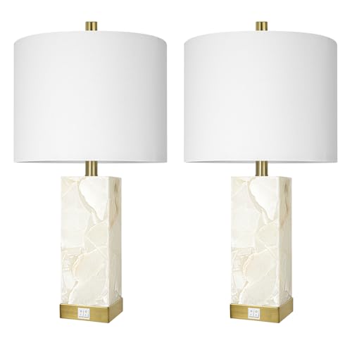 Scenekoy 23" Alabaster Table Lamps Set of 2 for Living Room Bedroom, Bedside Lamps with USB A+C Ports, Modern Table Lamp with Linen Shade for Living Room Bedroom Nightstand (Bulbs Included) - color: White-2