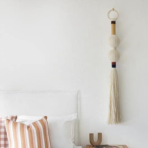 IOWER Macrame Wall Hanging Boho Decor Yarn Wall Art Small Sphericity Cotton Textile Tassel Hanging Fiber Art for Living Room Bedroom 27'' L x 2.3'' W - color: Ivory1