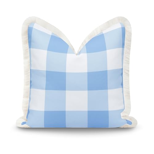 Hofdeco Premium Coastal Patio Indoor Outdoor Throw Pillow Cover Only, 20"x20" Water Repellent for Backyard, Couch, Baby Blue Plaid with Fringe (Pack of 2) - color: Baby Blue Plaid 20”x20”, size: 20" x 20" (Pack of 2)