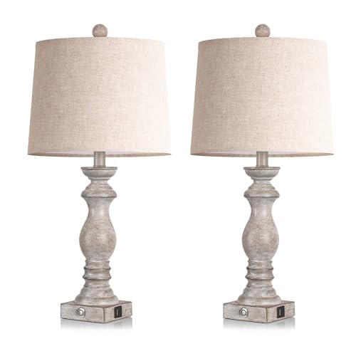 24.5" Table Lamp Set of 2, Rustic Farmhouse Bedside Lamps with USB A+C Charging Ports, 3-Way Dimmable Touch Control Nightstand Lamps for Living Room Bedroom, Antique Grey White, LED Bulbs Included - color: Antique Grey White
