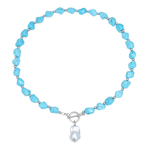 Beaded Necklaces for Women with Baroque Pearl, Turquoise Amethyst Lapis lazuli Tiger Eye Handmade Boho Bead Choker Necklace, Natural Stone Summer Jewelry Birthday Mother Gift for Women - color: Turquoise