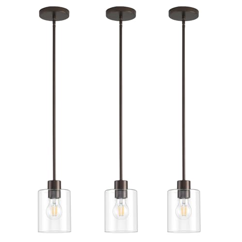 Oil Rubbed Bronze Pendant Lights Kitchen Island - Clear Glass Pendant Light Fixture Multiple Stems Rods 3 Units 12 Inch 3 Units 4 Inch (3 Pack Oil Rubbed Bronze Downrod) - color: Oil Rubbed Bronze 3PK