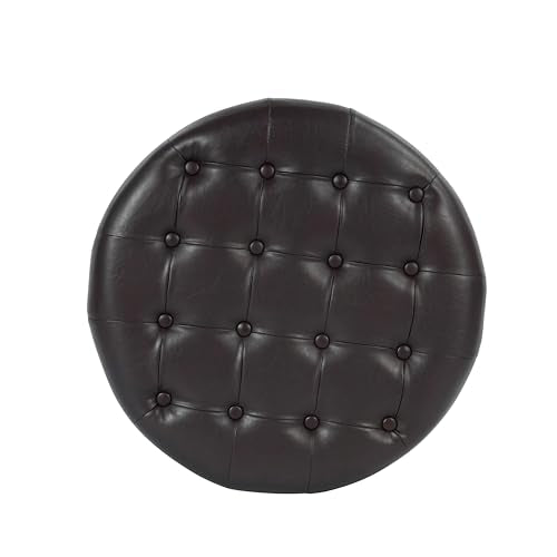 HomePop 25" Button Tufted Round Storage Ottoman - Distressed Brown Faux Leather - color: Brown