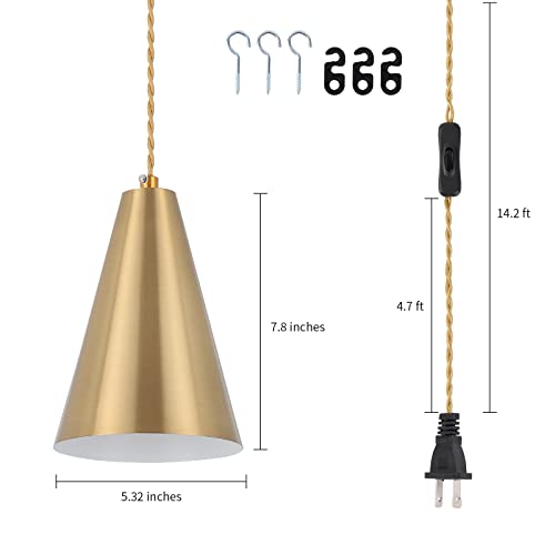 Gold Plug In Pendant Light,Hanging Lights With Plug In Cord On/Off Switch, Mini Brass Pendant Lights for Kitchen Island,Modern Chandeliers Light Fixture with Metal Shade,Hanging Lamps for Bedroom - color: 1Pack gold-Plug in