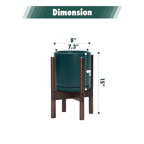 D'vine Dev Ceramic Planter with Walnut Color Stand - 8 Inch Modern Round Flower Pot with Wood Planter Holder, Teal, 55-B-Y-4 - color: Teal Pot + Walnut Color Stand, size: 8 Inch
