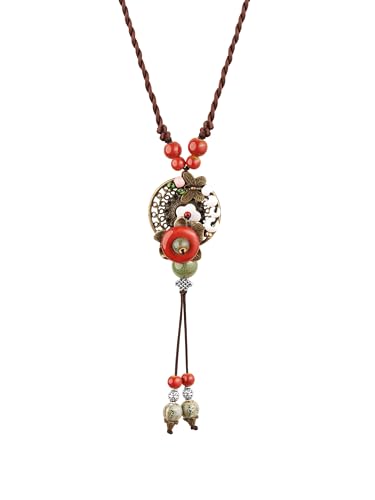 MINACHI Vintage Bohemian Colorful Ceramic Bead Antique Flower Y Necklace, Vintage Boho Hippie Statement Jewelry Gift for Women - color: S06