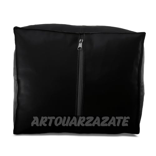 ARTOUARZAZATE Square Leather Pouf - Moroccan Pouf - Genuine Goatskin Leather - Bohemian Living Room Decor - Hassock & Ottoman Footstool - Unstuffed (Black, 18" D x 18" W x 14" H) - color: Black