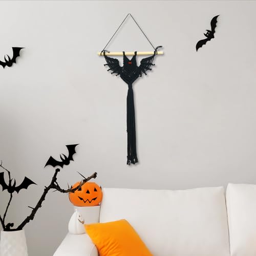 HVEST Gothic Halloween Bat Macrame Wall Hanging Boho Decor Horror Black Bat, Handmade Woven Tapestry for Bedroom Spooky Halloween Macrame Wall Decor for Living Room Decorations, 19.7L X 11.8W - color: Black Red