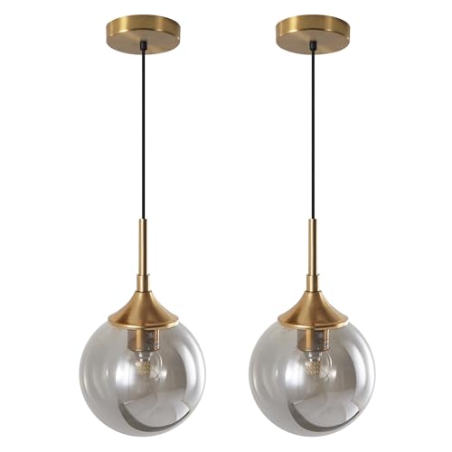 KCO Lighting Modern Gold Pendant Light 1-Light Large Globe Pendant Lights Set of Two Smoke Gray Glass Ball Pendant Light Fixture Dining Room Pendant Lamps Ceiling Hanging (2-Pack) - color: Gold+Smoke Gray-2PC