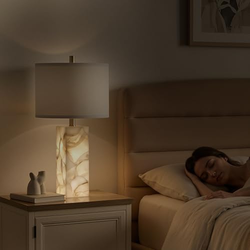 Scenekoy Alabaster Table Lamp Set of 2 with Night Light for Bedroom Living Room, 23" Rotary Switch Bedside Lamp with Linen Shade, Modern Nightstand Lamps for Room Office Dorm (Bulb Included) - color: White