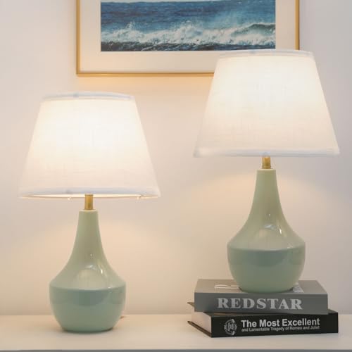 Green Table Lamps Set of 2 19" Ceramic Bedside Desk Lamps for Nightstands with Rocker Swtich Modern Sage Green Lamps for Bedroom Living Room (Bulbs not Include)