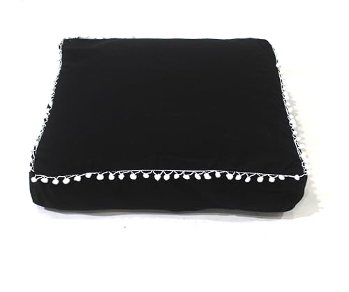 Round Mandala Floor Pillow Cover Seating Cushion Throw Cover Hippie Decorative Bohemian Ottoman Pouf Cover, Pom Pom Pillow Cases,Boho Indian (Black, 18" Square) - color: Black, size: 18"D x 5"W x 18"H
