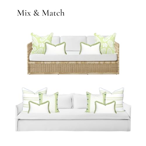 Hofdeco Premium Grandmillennial Coastal Hampton Patio Indoor Outdoor Lumbar Pillow Cover Only, 12"x20" Water Repellent for Backyard, Couch, Poolside, White Grass Green Solid - color: White Grass Green Solid 12"x20"