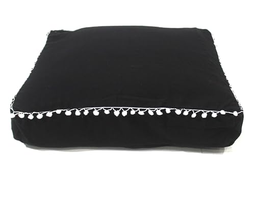 Round Mandala Floor Pillow Cover Seating Cushion Throw Cover Hippie Decorative Bohemian Ottoman Pouf Cover, Pom Pom Pillow Cases,Boho Indian (Black, 16" Square) - color: Black, size: 16"D x 5"W x 16"H