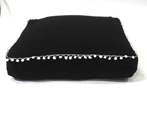 Round Mandala Floor Pillow Cover Seating Cushion Throw Cover Hippie Decorative Bohemian Ottoman Pouf Cover, Pom Pom Pillow Cases,Boho Indian (Black, 18" Square) - color: Black, size: 18"D x 5"W x 18"H