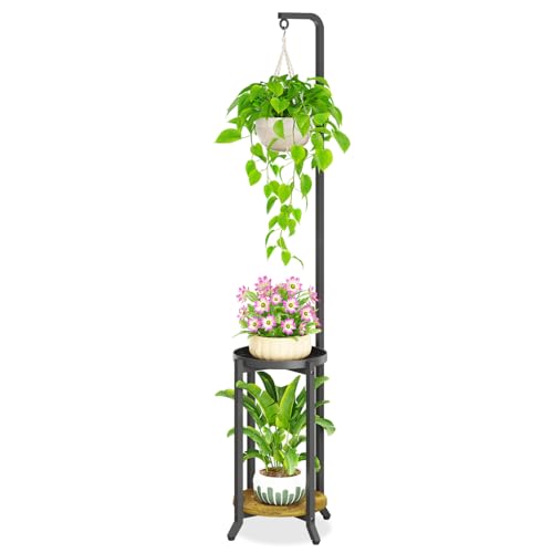 iDavosic.ly 2 Tier Hanging Plant Stand Indoor, Tall Vertical Corner Metal Flower Heavy Duty Pot Holder Shelf for Patio Porch Living Room, Modern Black & Rustic Brown - Round - color: Black with Hanging, size: 2 Tiers