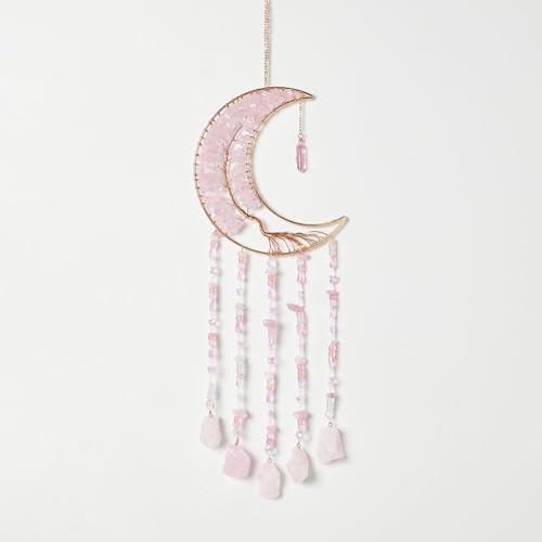 Fairy Pink Quartz Gemstone Dream Catcher 7 Chakras Tree of Life Moon Dream Catcher with Healing Crystal Stones Handmade Dreamcatcher Wall Decor for Adults Boys Girls,Bedroom,Wedding,Garden,Bless Gift - color: Fairy Pink Crystal