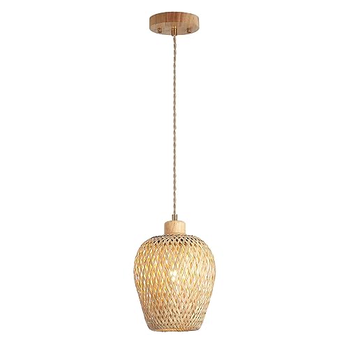 Bamboo Pendant Light Fixture One-Light Adjustable Boho Basket Handmade Woven Mini Pendant Lighting for Kitchen Island Sink Farmhouse Home - color: Natural-5