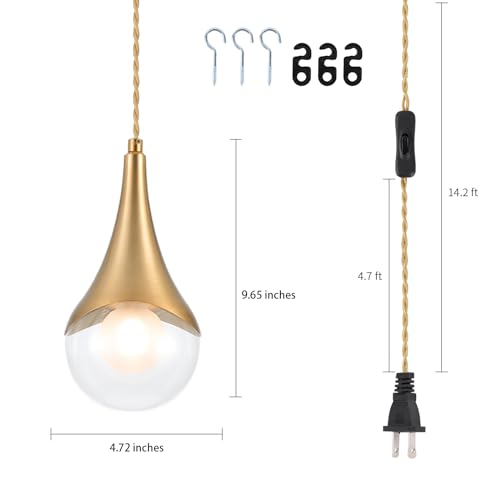 MWZ Gold Plug in Pendant Light,Hanging Lights with Plug in Cord On/Off Switch, Mini Brass Pendant Lights for Kitchen Island,Modern Raindrop Lamps Fixture with Globe Glass Shade for Bedroom - color: Gold, size: 1 Pack-Plug in