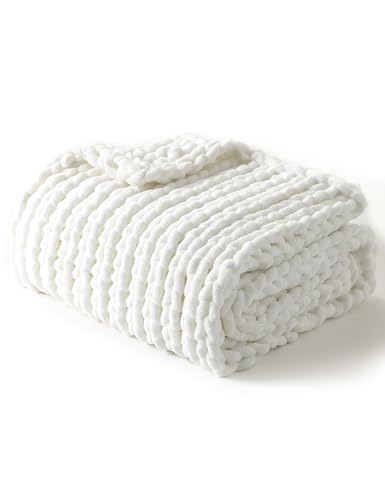 YnM Chunky Throw Blanket, Medium-Weight, Hand Knitted with Chenielle Yarn, Skin Friendly, Ventilated and Breathable, Machine Washable, Home Décor Piece for Couch, Sofa and Bed (White, 40x50 Inch) - color: Chenille - White, size: 40 x 50 Inch