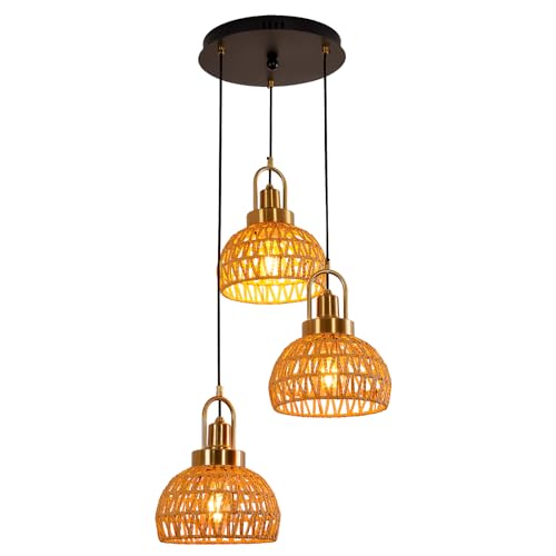 Modern Boho Gold Rattan Pendant Light 3-Lights Vintage Farmhouse Rattan Pendant Light Fixture Hand Woven Golden Bamboo Wicker Pendant Lights for Kitchen, Stairwell, Entryway, Living Room - color: Gold 3-Light