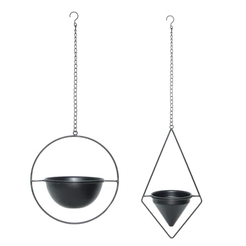 Metal Hanging Planters Set of 2 Modern Indoor Plant Hanger with Round and Diamond Pots, Geometric Small Wall and Ceiling Hanging Plant Holders for Succulents and Herbs, Black Finish - size: CIRCLE+DIAMOND