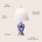 JONATHAN Y 24" Navy/White French Country Ceramic Floral Urn Table Lamp, White Linen Shade, Chinoiserie Ginger Jar Bedside Lamp for Living Room Bedroom, LED Bulb (JYL3009E) - color: Navy/White
