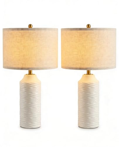 White Table Lamps Set of 2, 22" Ceramic Bedside Lamps for Bedroom - Nightstand Lamp Set of 2 with Linen Shade, Modern Farmhouse Side Table Lamps for Living Room, Rotary Switch, E26 Base