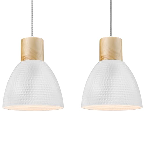 ELYONA 2 Pack Hammered Pendant Light Fixtures, 10.2” Metal & Rubber Wood Island Hanging Lamp, Adjustable Height, Modern Pendant Lighting for Kitchen,Farmhouse Bar,Dining Room,Bedroom, Nordic White - color: White - 2 Pack