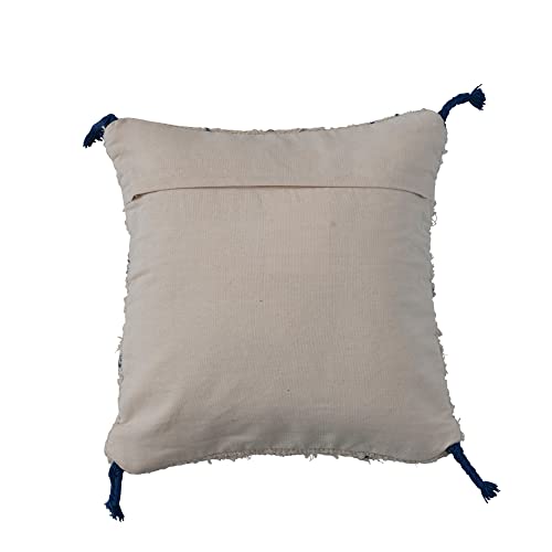 Creative Co-Op Tufted Cotton Geometric Pattern and Tassels, Natural and Blue Pillow, Ivory