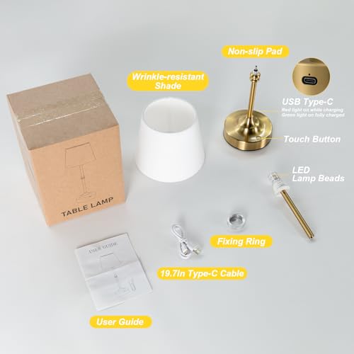 Kakanuo Rechargeable Cordless Table Lamp Gold - 1 Pack Brass 4000mAh Battery Operated Lamp, 3000K Warm Light, Touch Control Stepless Dimming, for Bedside, Dining Table, Home Decor - color: Brass, size: 1 Pack - 15.6in