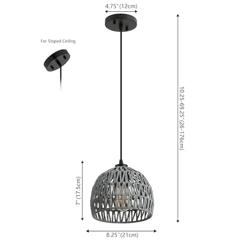 JONATHAN Y 8.25" Gray Modern Bohemian Woven Rope LED Pendant Light Fixture, Adjustable Dome Ceiling Lamp for Kitchen Island, Rope Shade, Coastal Farmhouse Decor (JYL6512D) - color: Gray, size: 8.25"