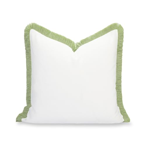 Hofdeco Premium Grandmillennial Coastal Hampton Patio Indoor Outdoor Throw Pillow Cover Only, 22"x22" Water Repellent for Backyard, Couch, Poolside, White Grass Green Solid - color: White Grass Green Solid 22"x22"