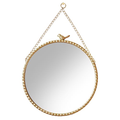 9.8 Inch Small Vintage Gold Round Wall Mirror with Sparrow Design-Iron Framed Mirror for Bathroom, Bedroom Or Dressing Room-Small Wall Mounted Mirror with Metal Bead Accents